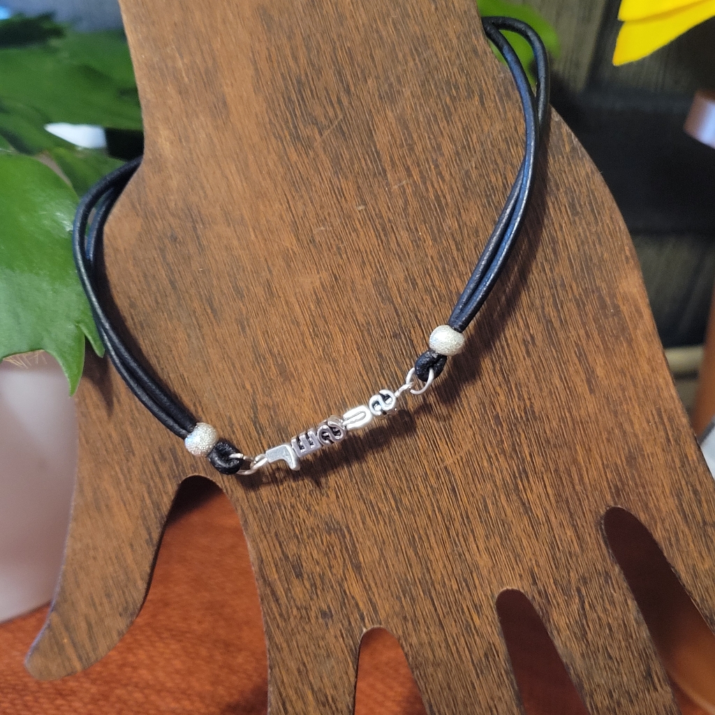 Black Leather Cord With Jesus Letters Beads And Cross Charm.